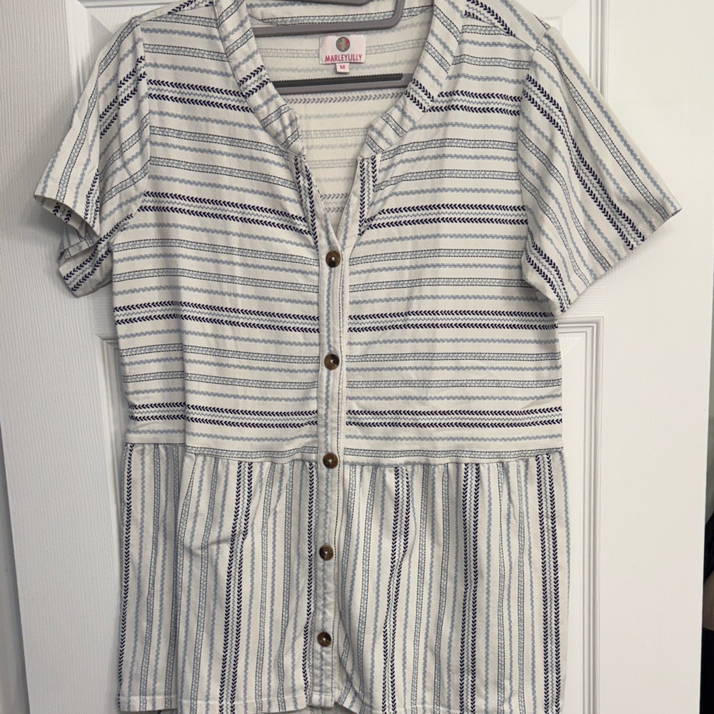 Marleylilly Striped Short Sleeve Blouse - Navy and White